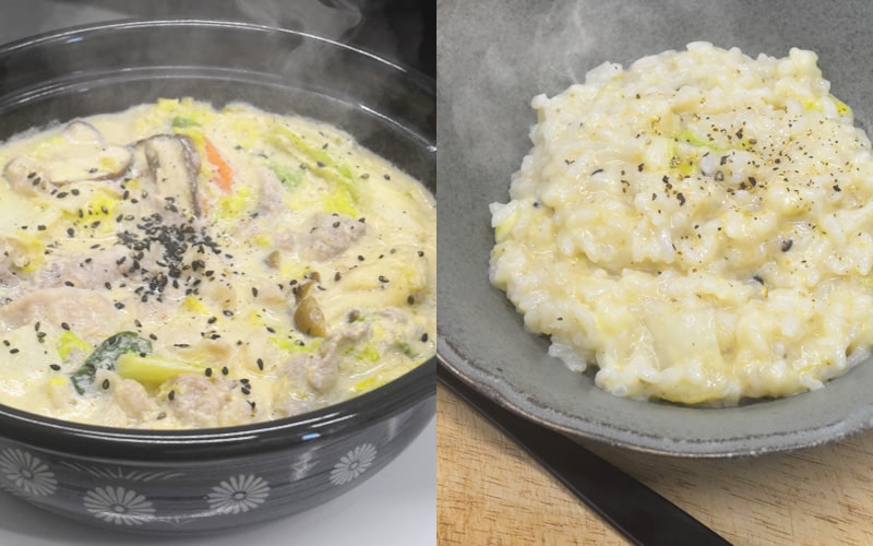 白ネギと生姜の煮込みスープを使った豆乳スープと〆のリゾットアレンジ